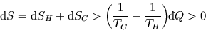 \begin{displaymath}
{\rm d}S={\rm d}S_H+{\rm d}S_C>\left({1\over T_C}-{1\over T_H}\right){}\raise0.44ex\hbox{\bf\symbol{'040}}\llap{d}Q>0
\end{displaymath}