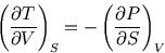 \begin{displaymath}
\left({\partial T \over\partial V}\right)_S=-\left({\partial P\over\partial S}\right)_V
\end{displaymath}