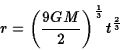 \begin{displaymath}r=\left({9GM\over 2}\right)^{1\over 3}t^{2\over 3}\end{displaymath}