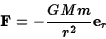 \begin{displaymath}{\bf F}=-{GMm\over r^2}{\bf e}_r\end{displaymath}