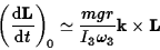 \begin{displaymath}\left({{\rm d}{\bf L}\over{\rm d}t}\right)_{\! 0}\simeq
{mgr\over I_3\omega_3}{\bf k}\times{\bf L}\end{displaymath}