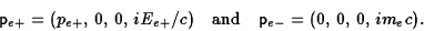 \begin{displaymath}{\sf p}_{e+}=(p_{e+},\,0,\,0,\,iE_{e+}/c)\quad\hbox{and}\quad
{\sf p}_{e-}=(0,\,0,\,0,\,im_e c).\end{displaymath}