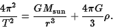 \begin{displaymath}{4\pi^2\over T^2}={GM_{\rm sun}\over r^3}+{4\pi G\over 3}\rho.\end{displaymath}